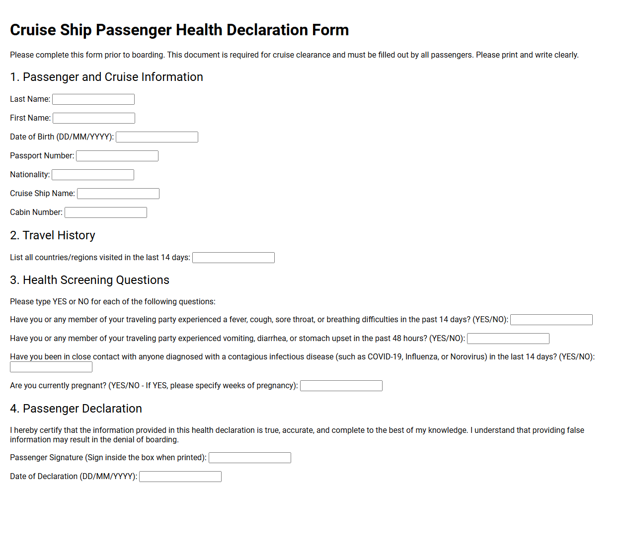 Cruise Ship Passenger Health Declaration Form