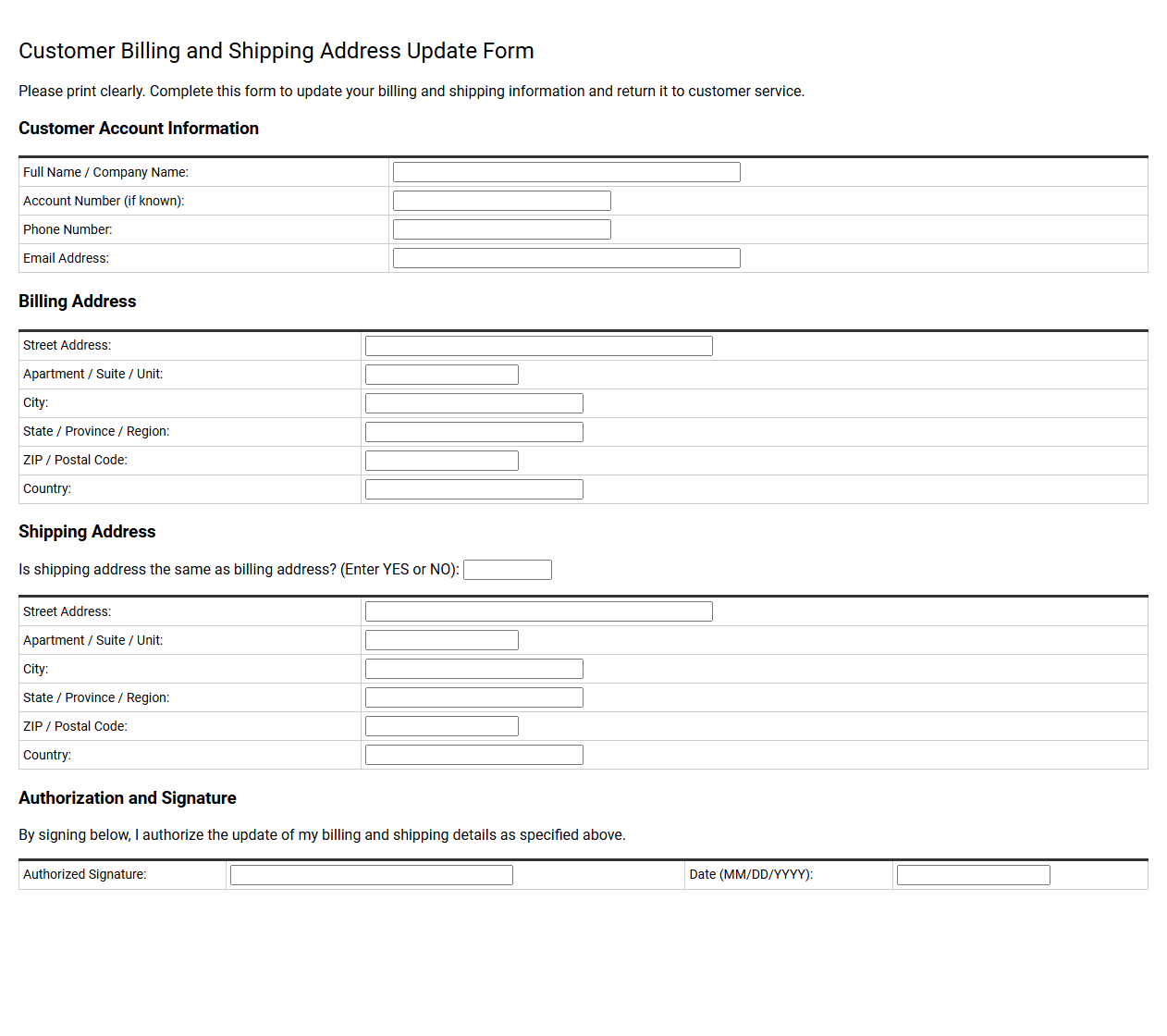 Customer Billing and Shipping Address Update Form