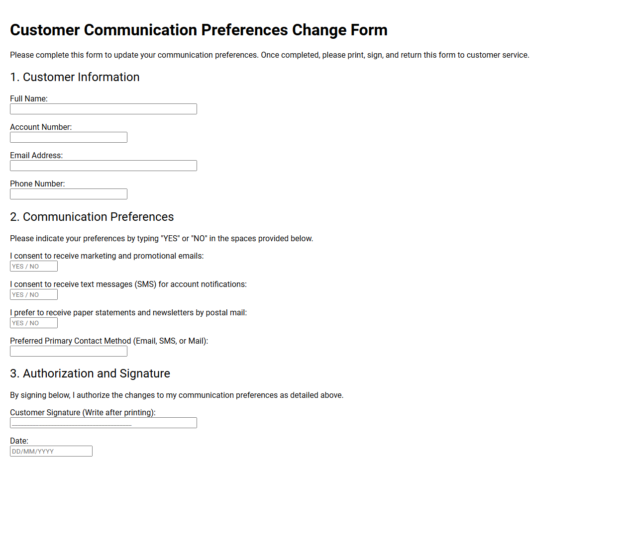 Customer Communication Preferences Change Form