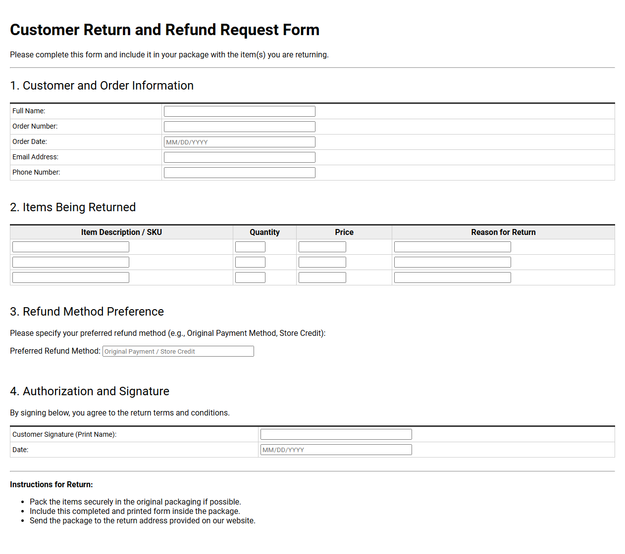 Customer Return and Refund Request Form