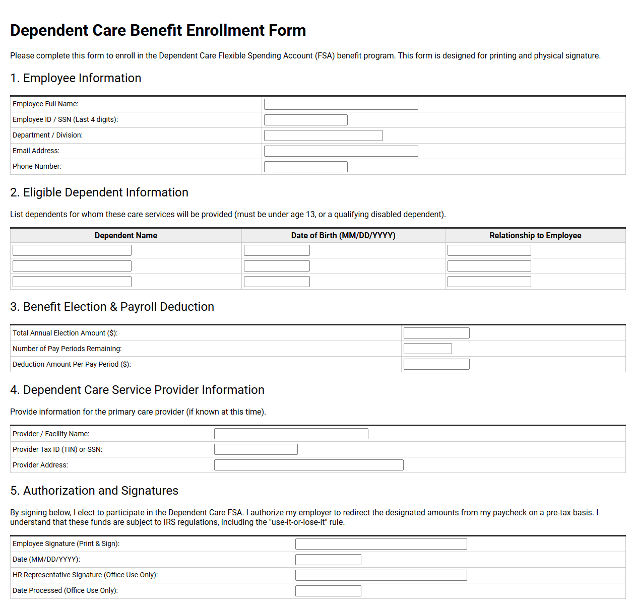 Dependent Care Benefit Enrollment Template
