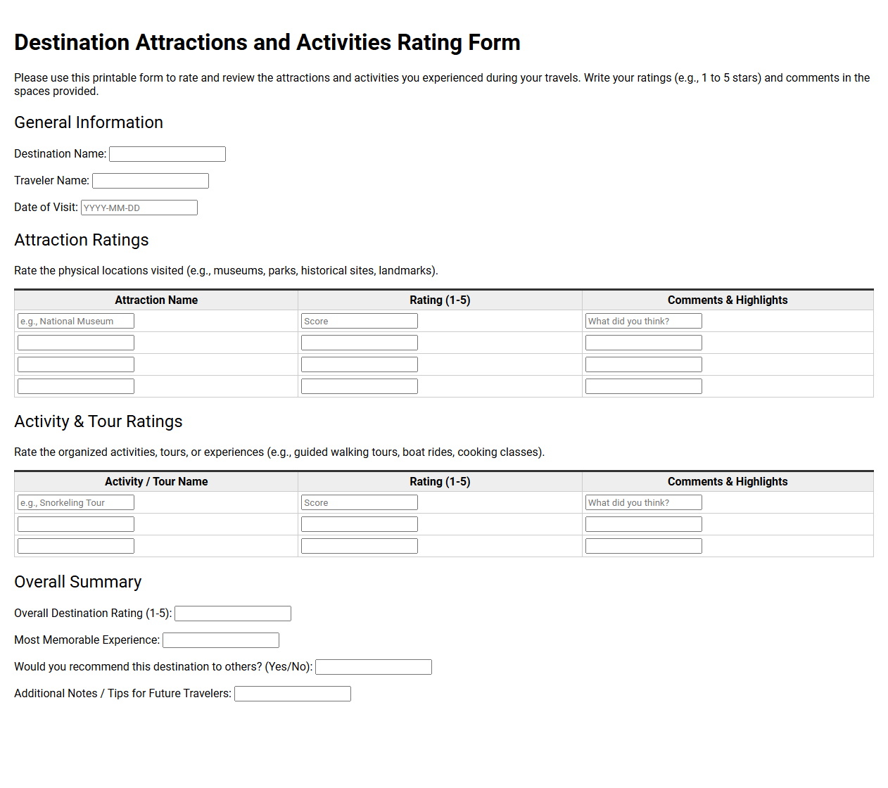 Destination Attractions and Activities Rating Form