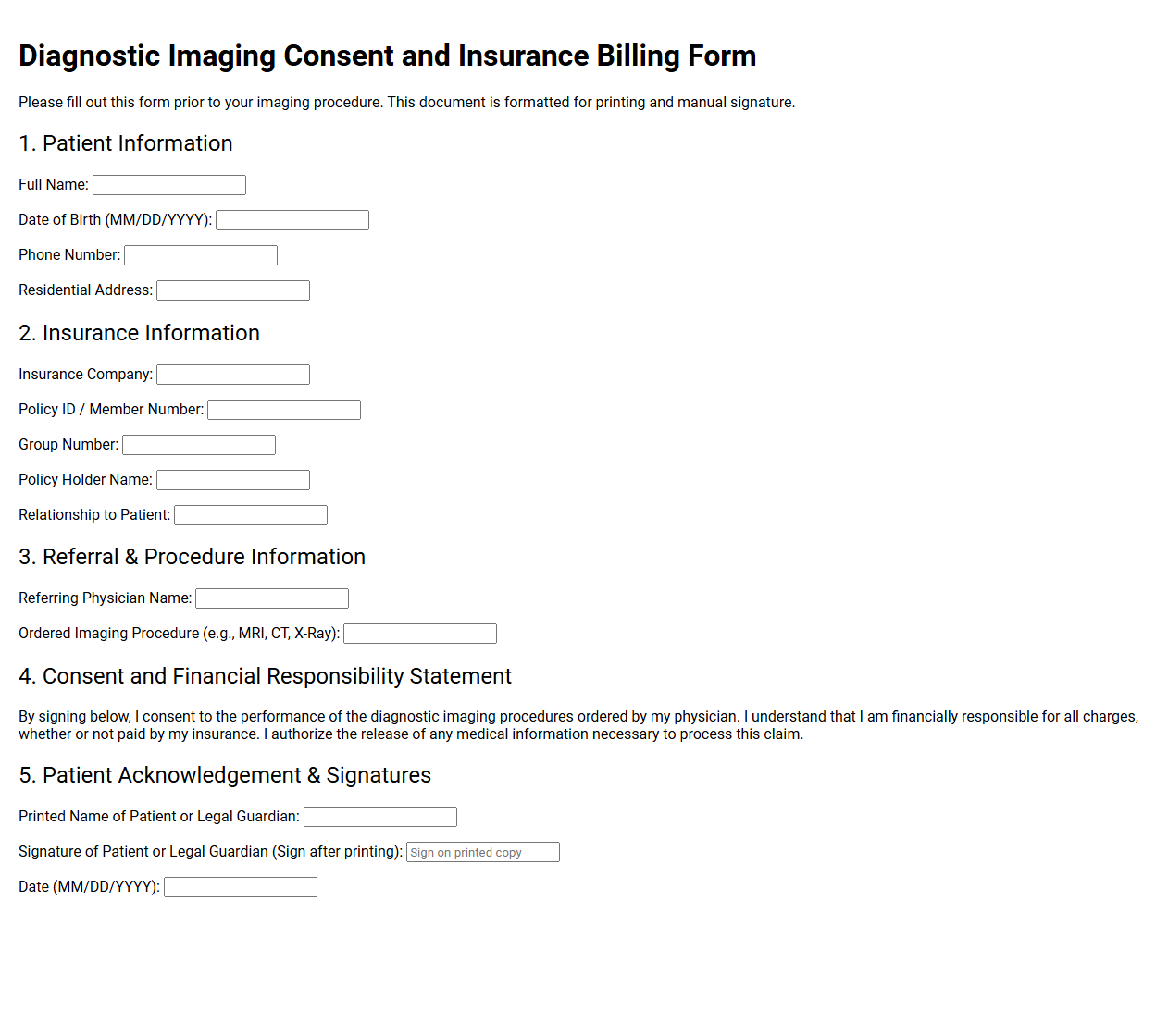 Diagnostic Imaging Consent and Insurance Billing Form