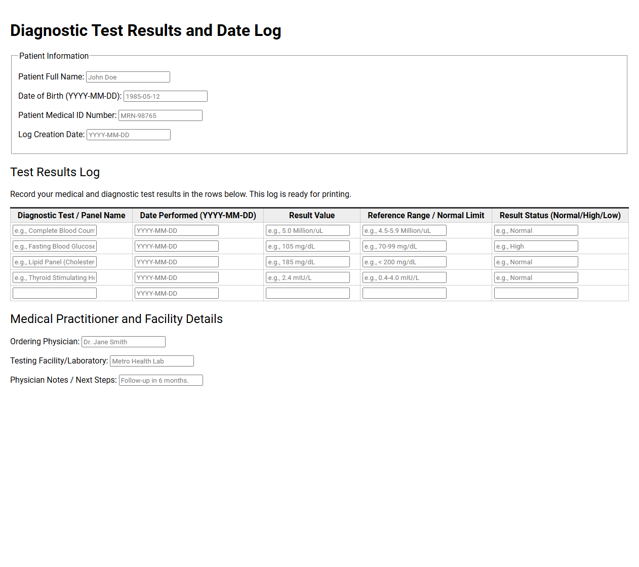 Diagnostic Test Results and Date Log