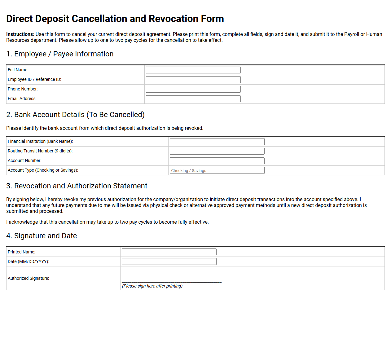 Direct Deposit Cancellation and Revocation Form