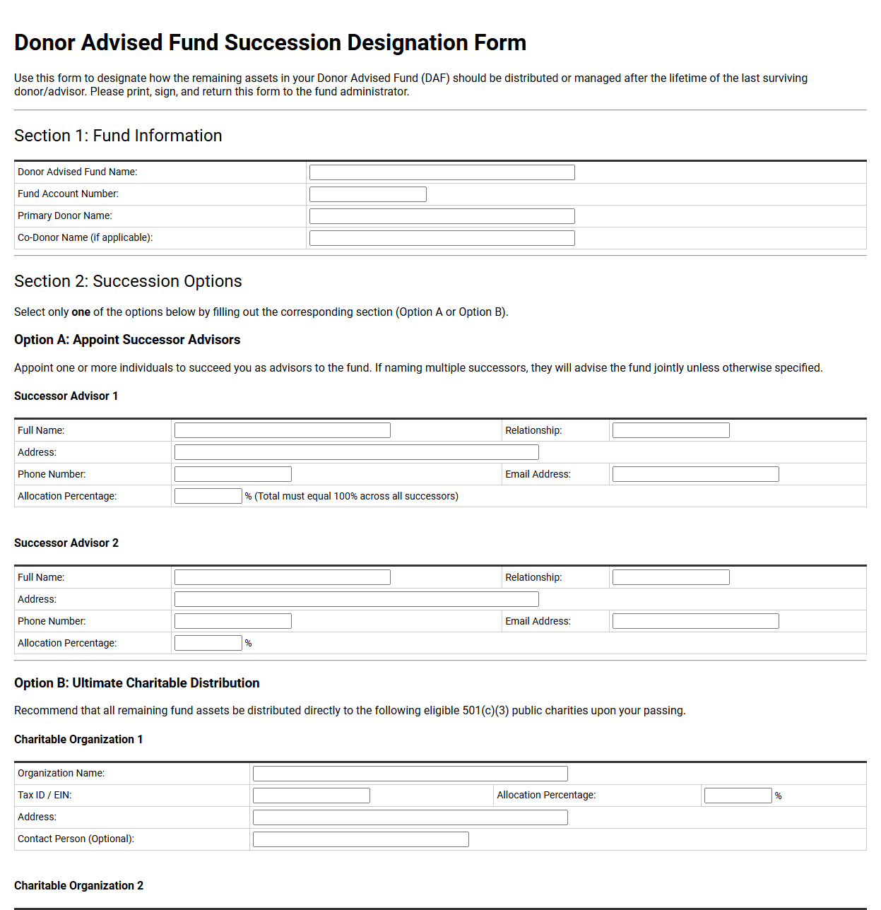 Donor Advised Fund Succession Designation Form