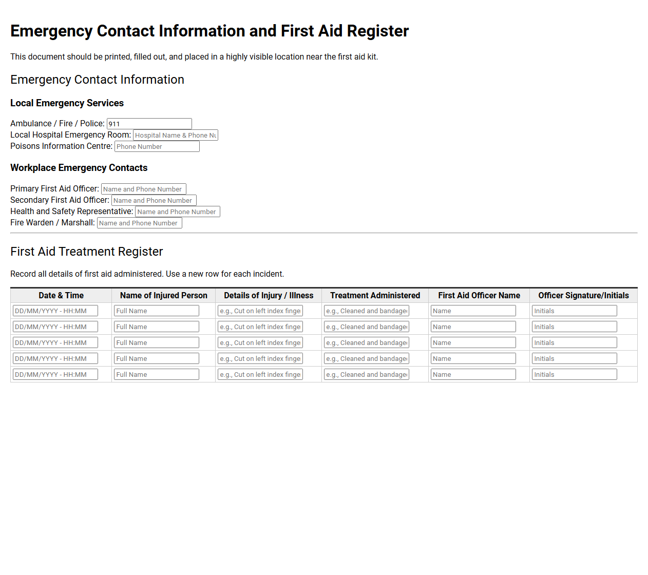 Emergency Contact Information and First Aid Register