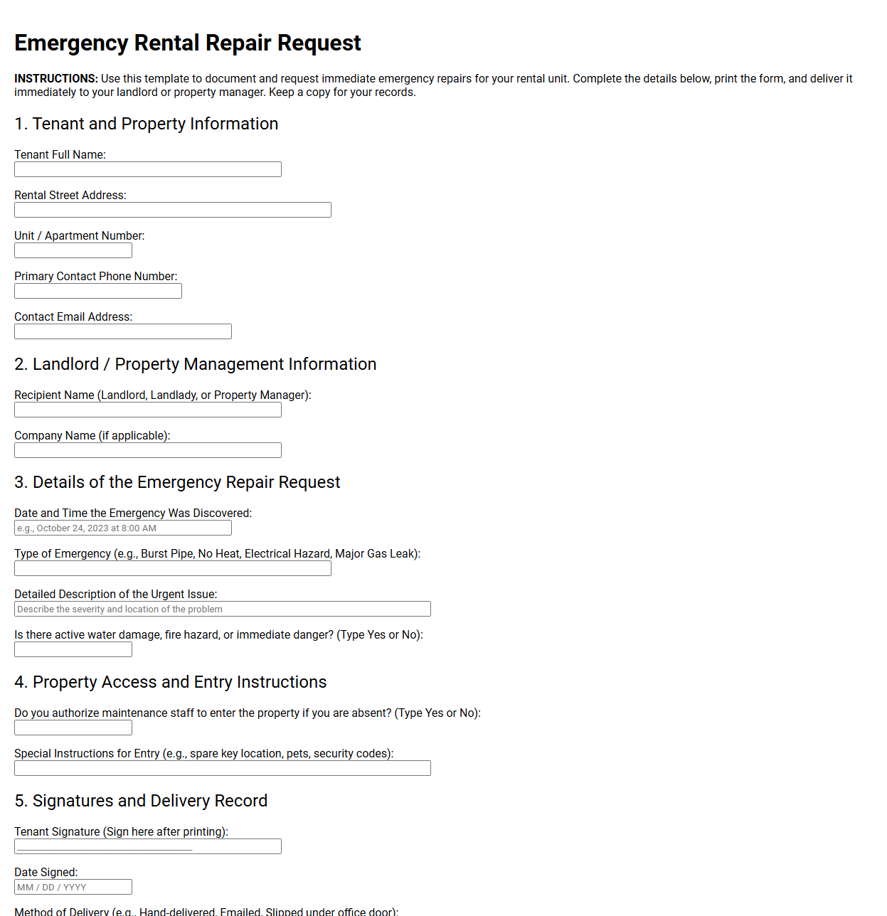 Emergency Rental Repair Request Template