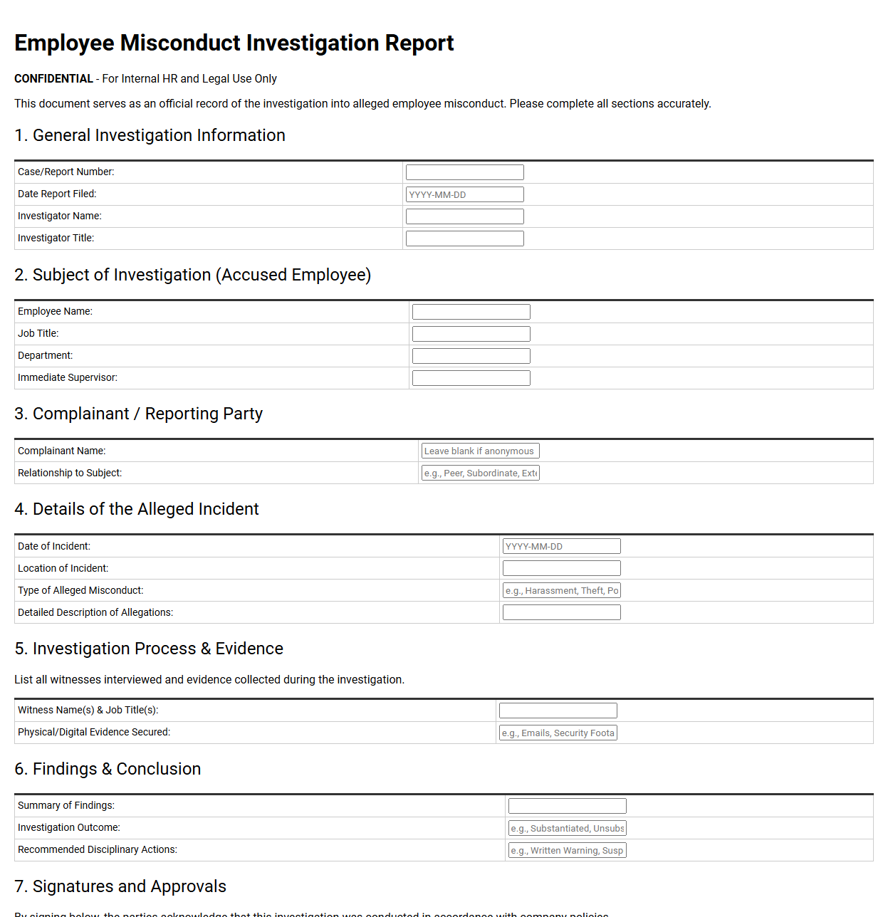 Employee Misconduct Investigation Report Template