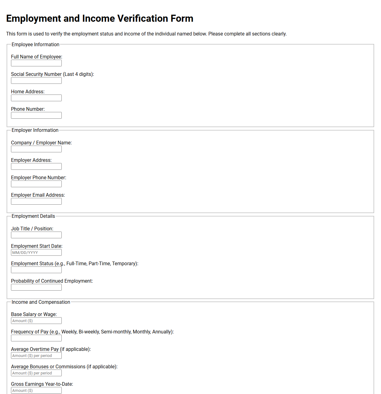 Employment and Income Verification Form