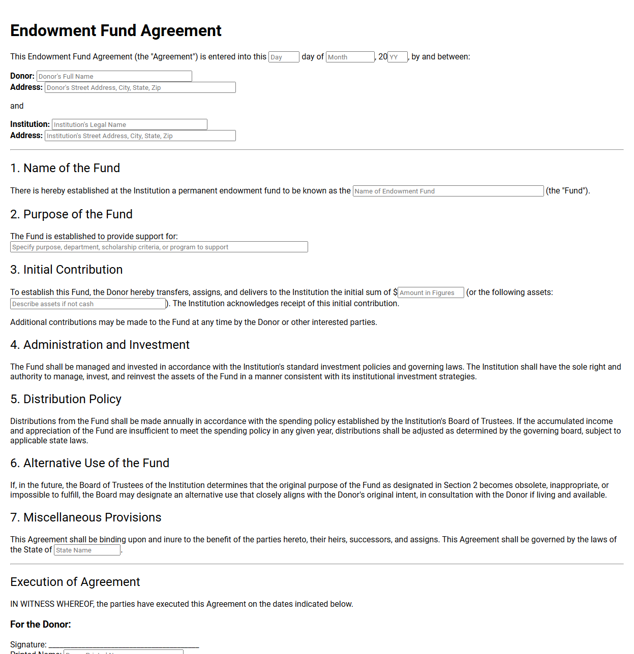 Endowment Fund Agreement Document Template