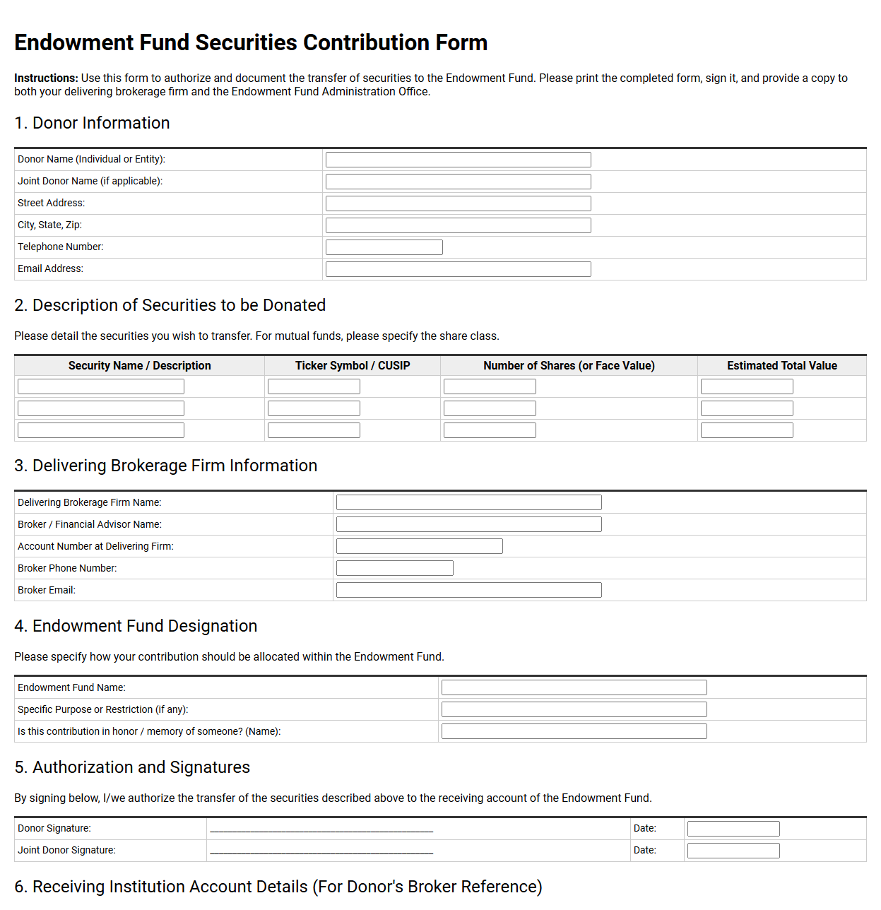 Endowment Fund Securities Contribution Form