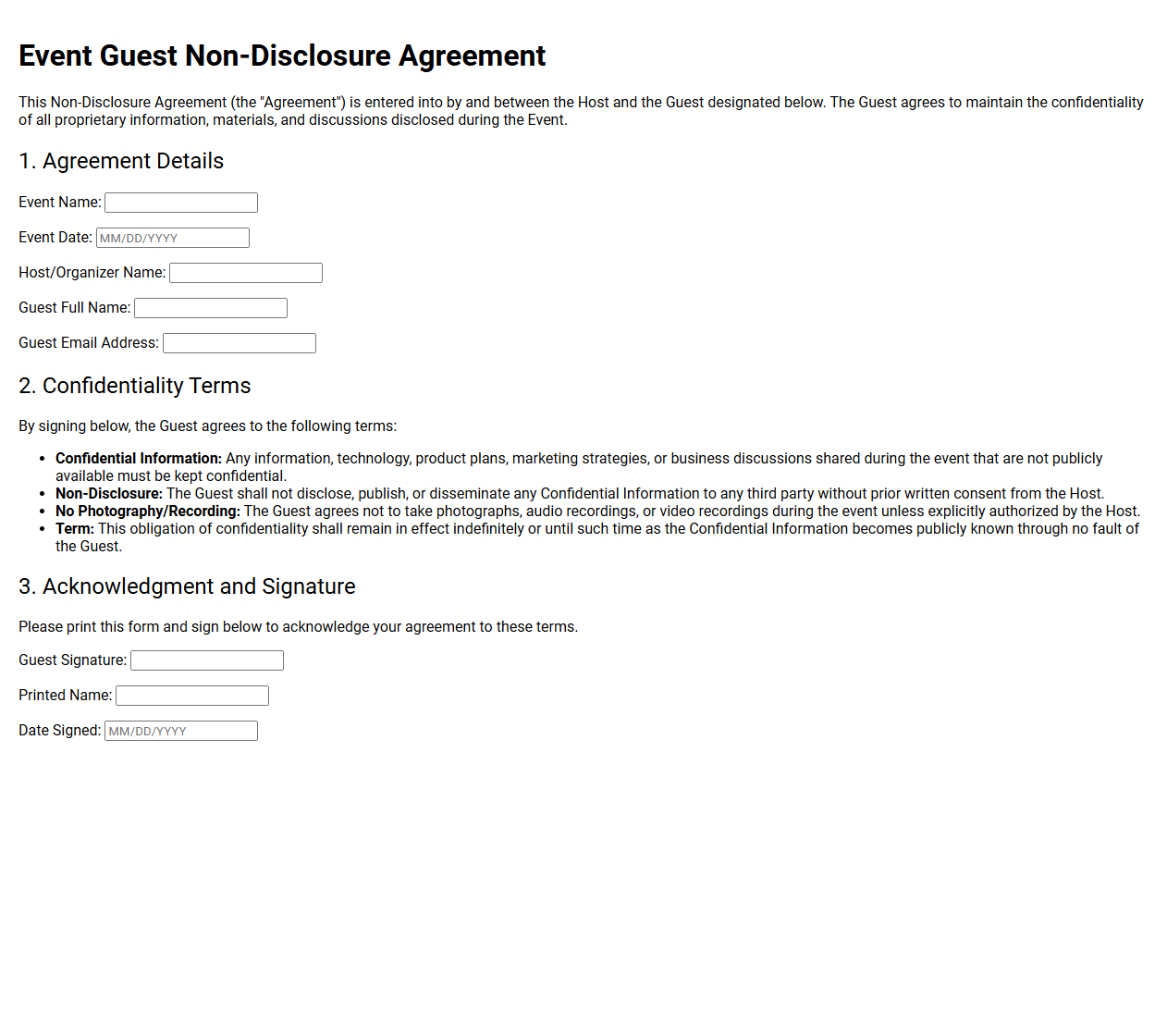 Event Guest Non Disclosure Agreement Form