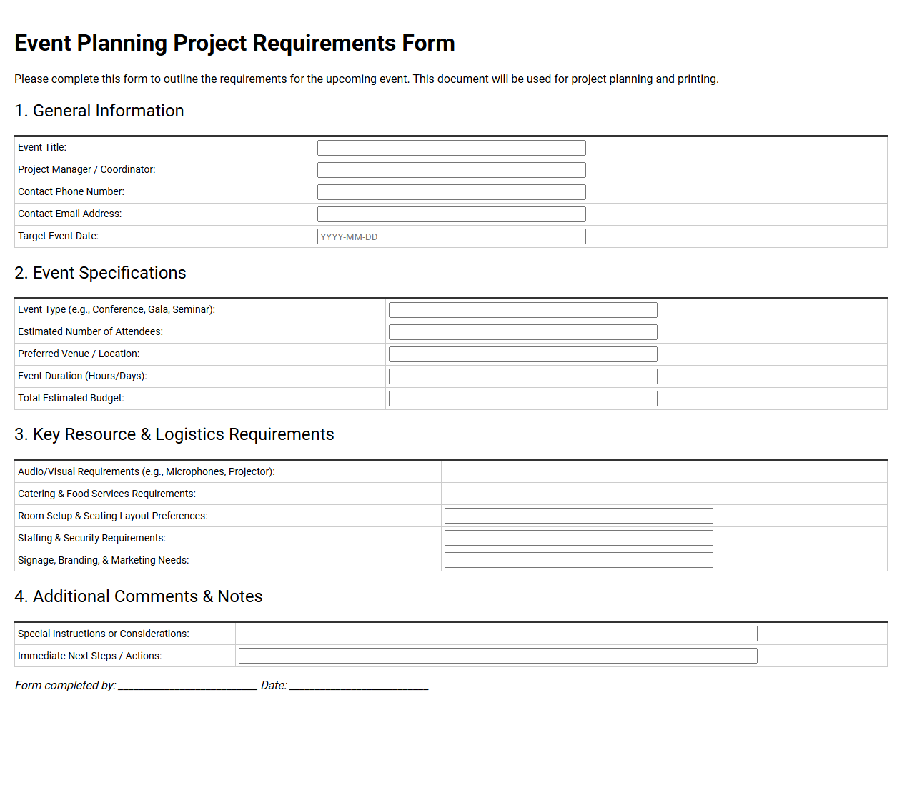 Event Planning Project Requirements Form