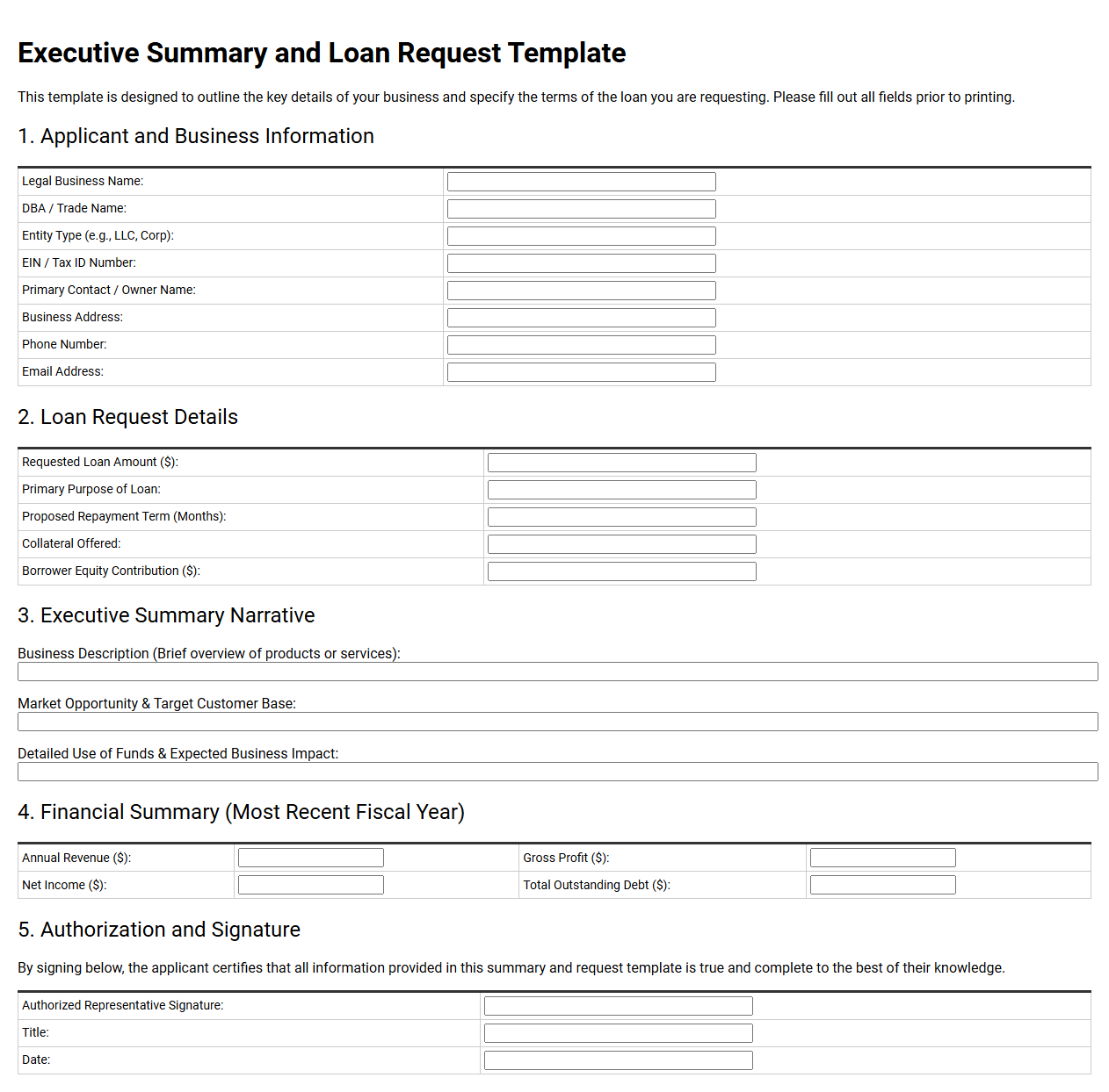 Executive Summary and Loan Request Template