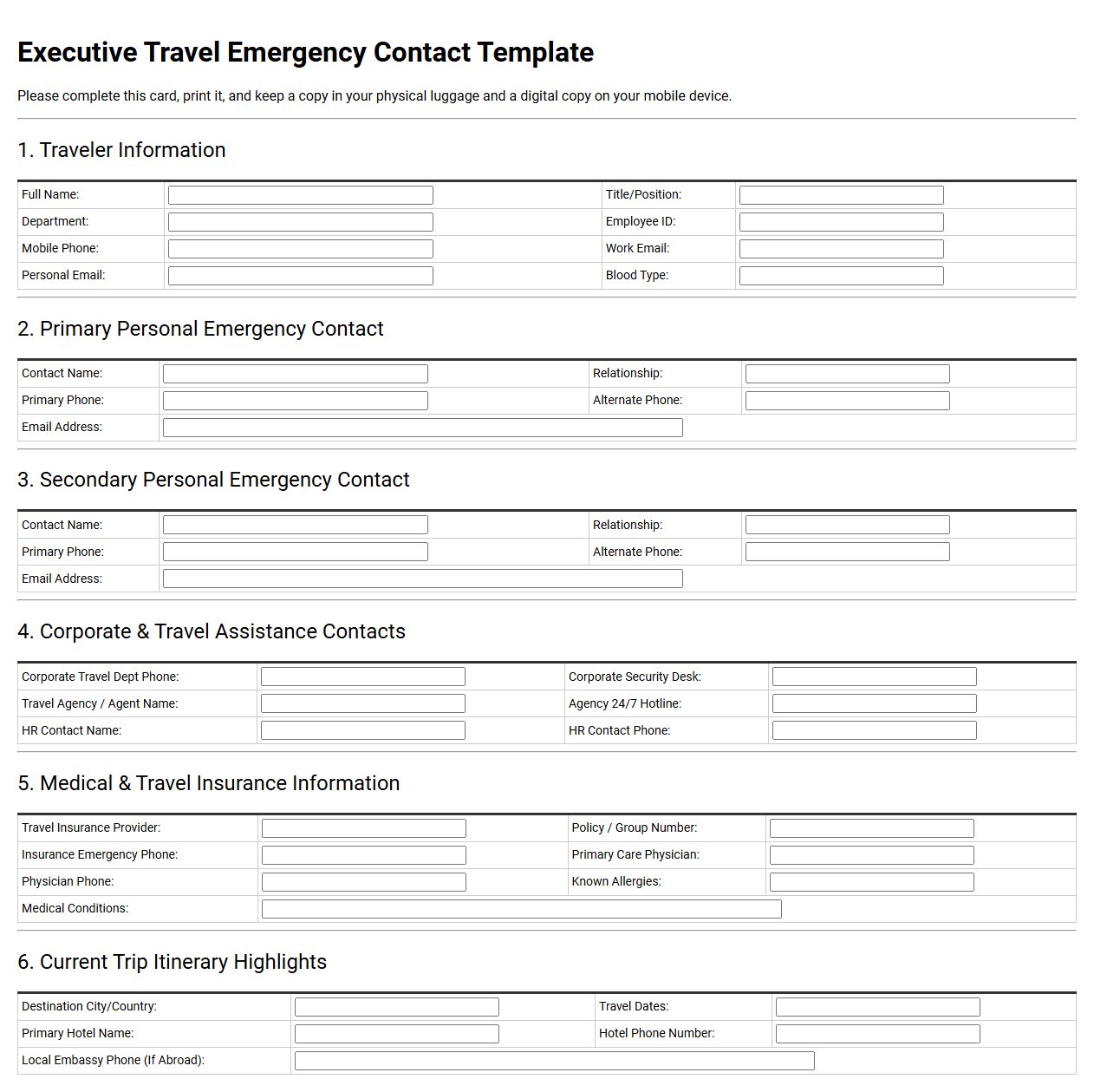 Executive Travel Emergency Contact Template