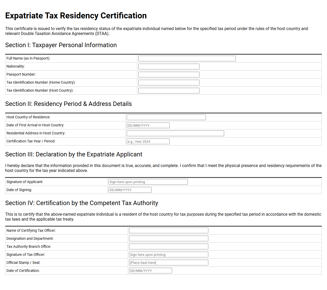 Expatriate Tax Residency Certification Template