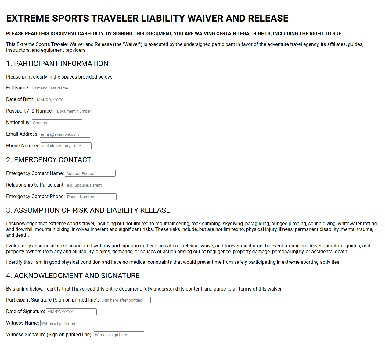 Extreme Sports Traveler Waiver Document