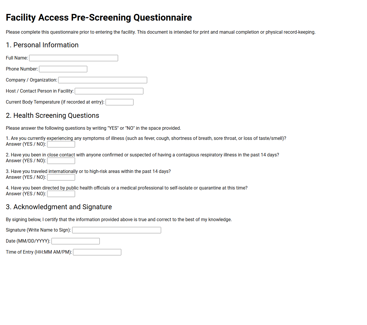 Facility Access Pre Screening Questionnaire