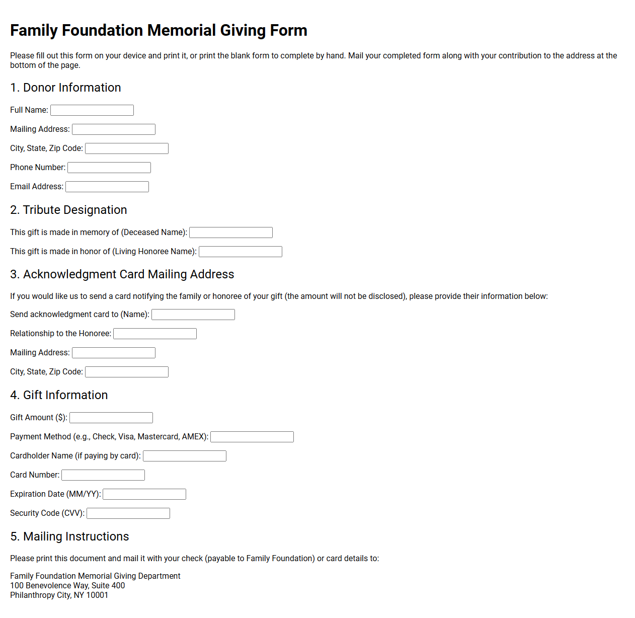 Family Foundation Memorial Giving Form
