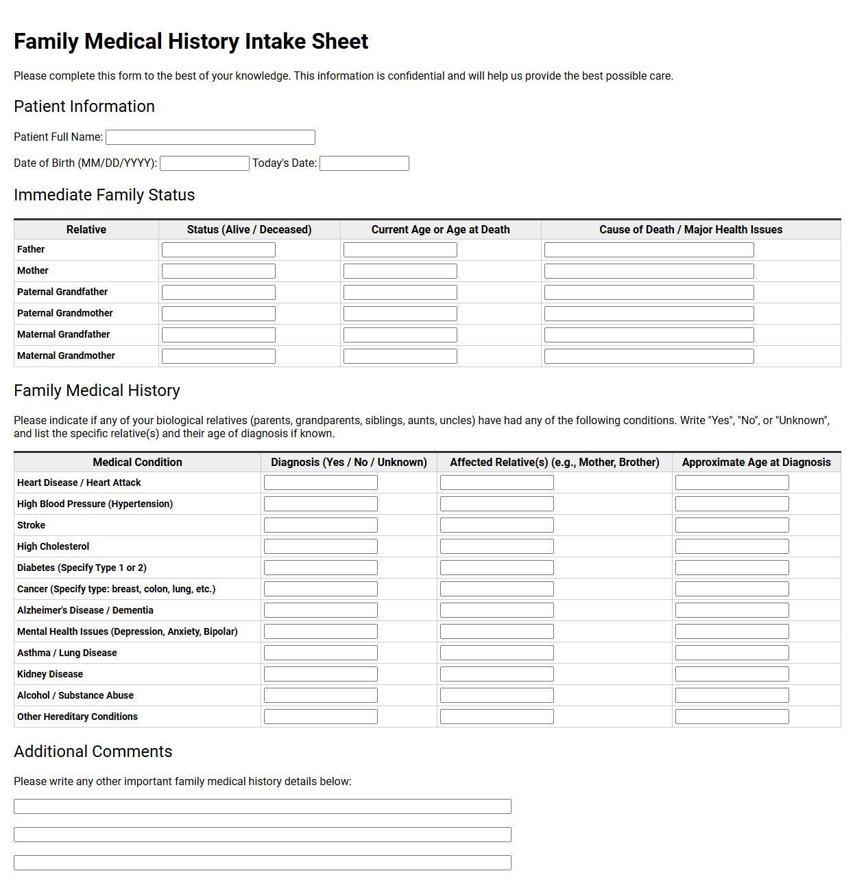 Family Medical History Intake Sheet