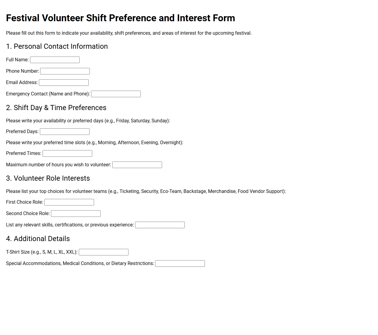 Festival Volunteer Shift Preference and Interest Form