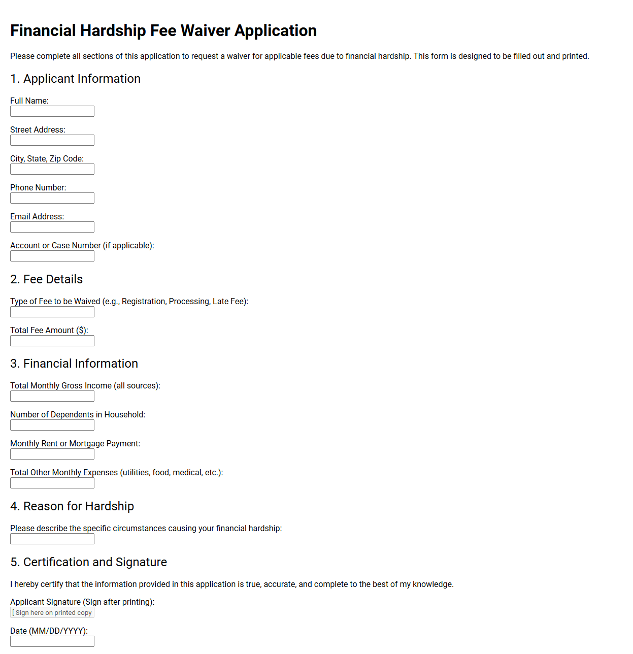 Financial Hardship Fee Waiver Application