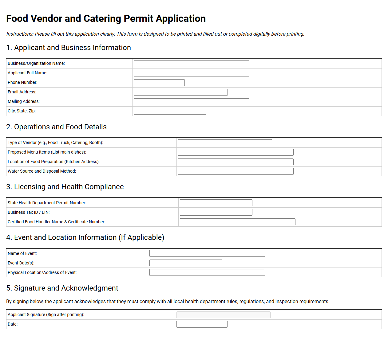 Food Vendor and Catering Permit Application