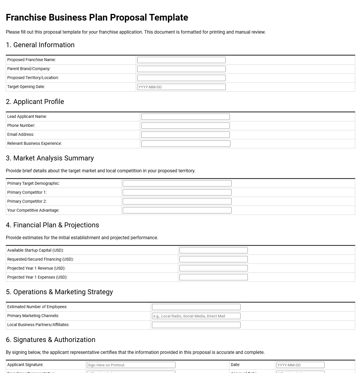 Franchise Business Plan Proposal Template