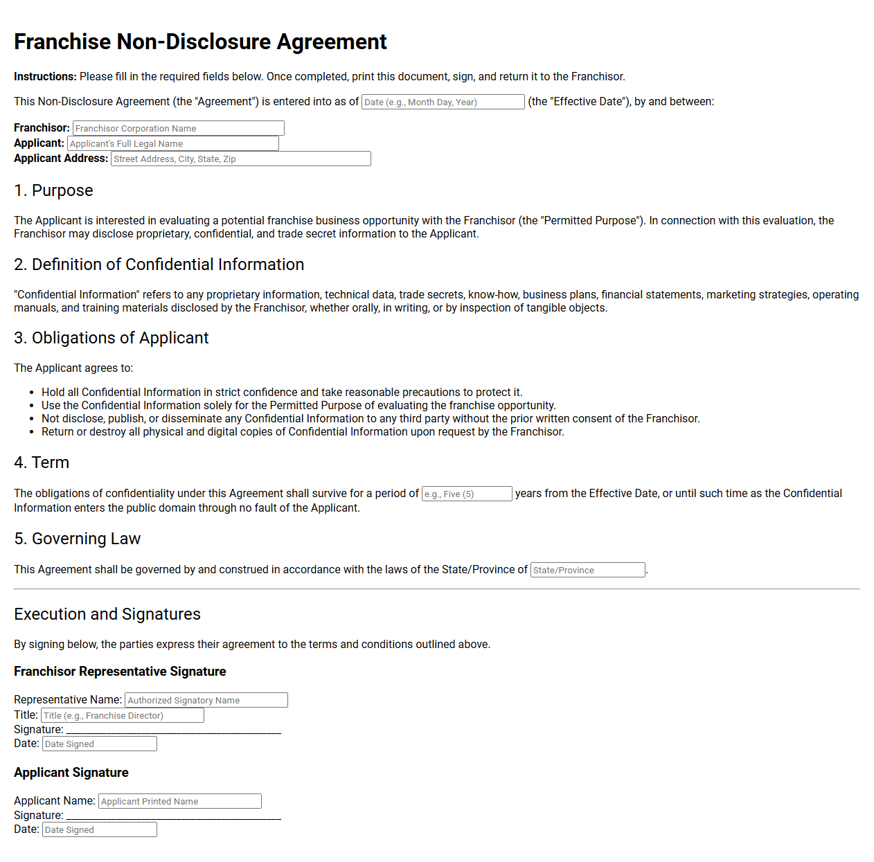 Franchise Non Disclosure Agreement for Applicants