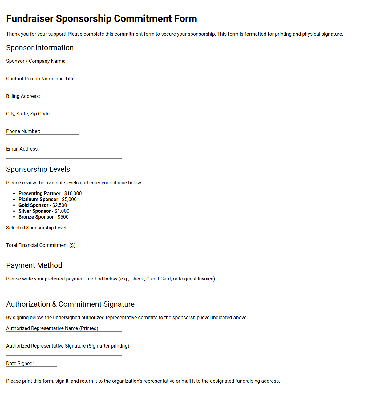 Fundraiser Sponsorship Commitment Form