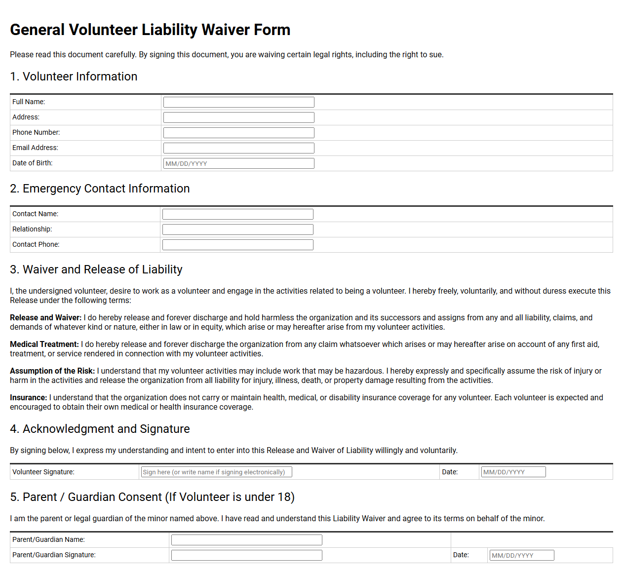 General Volunteer Liability Waiver Form