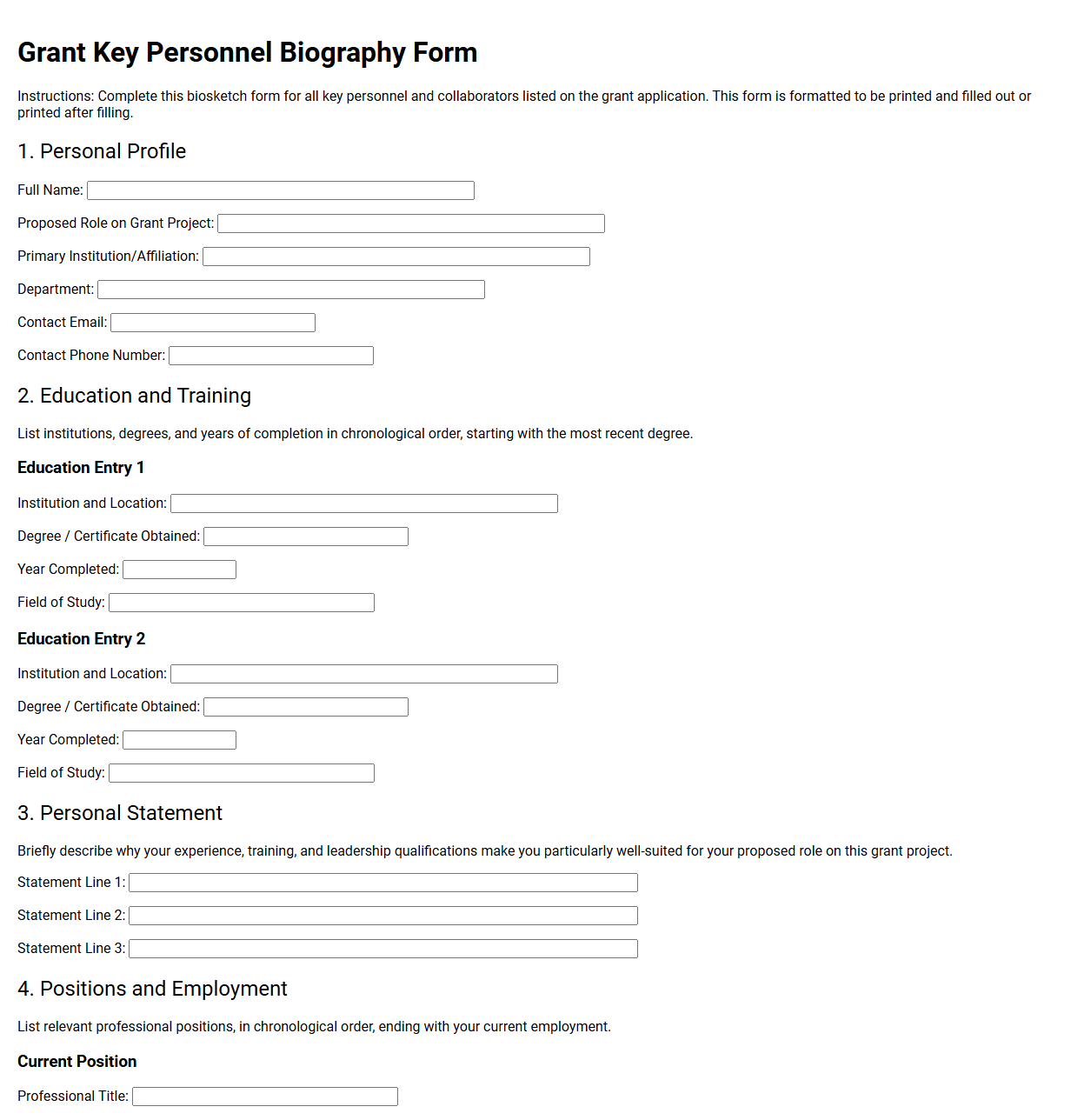 Grant Key Personnel Biography Form