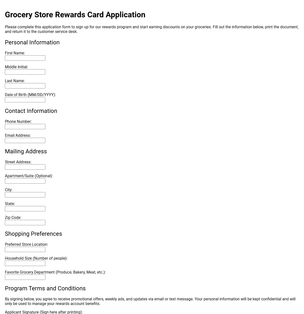 Grocery Store Rewards Card Application Document