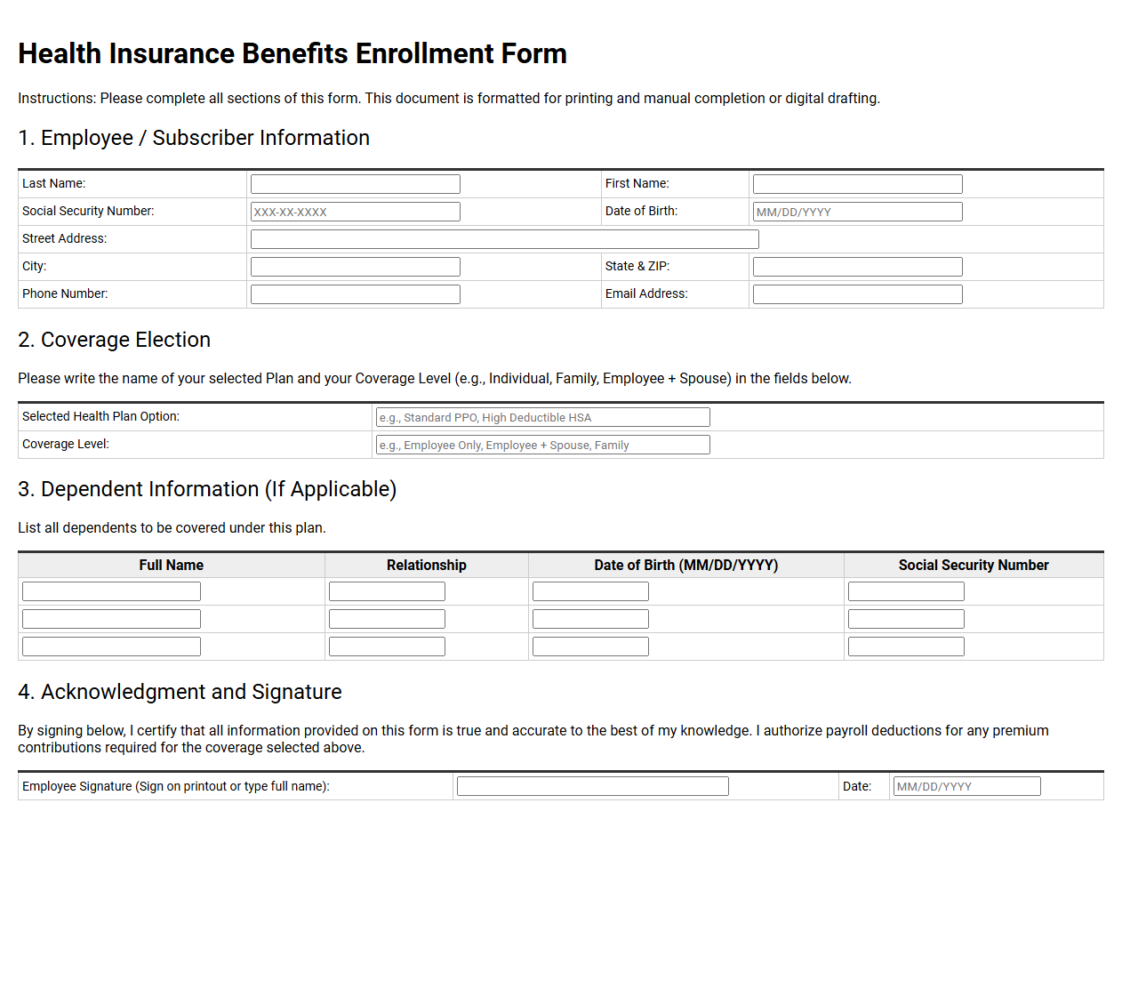 Health Insurance Benefits Enrollment Form