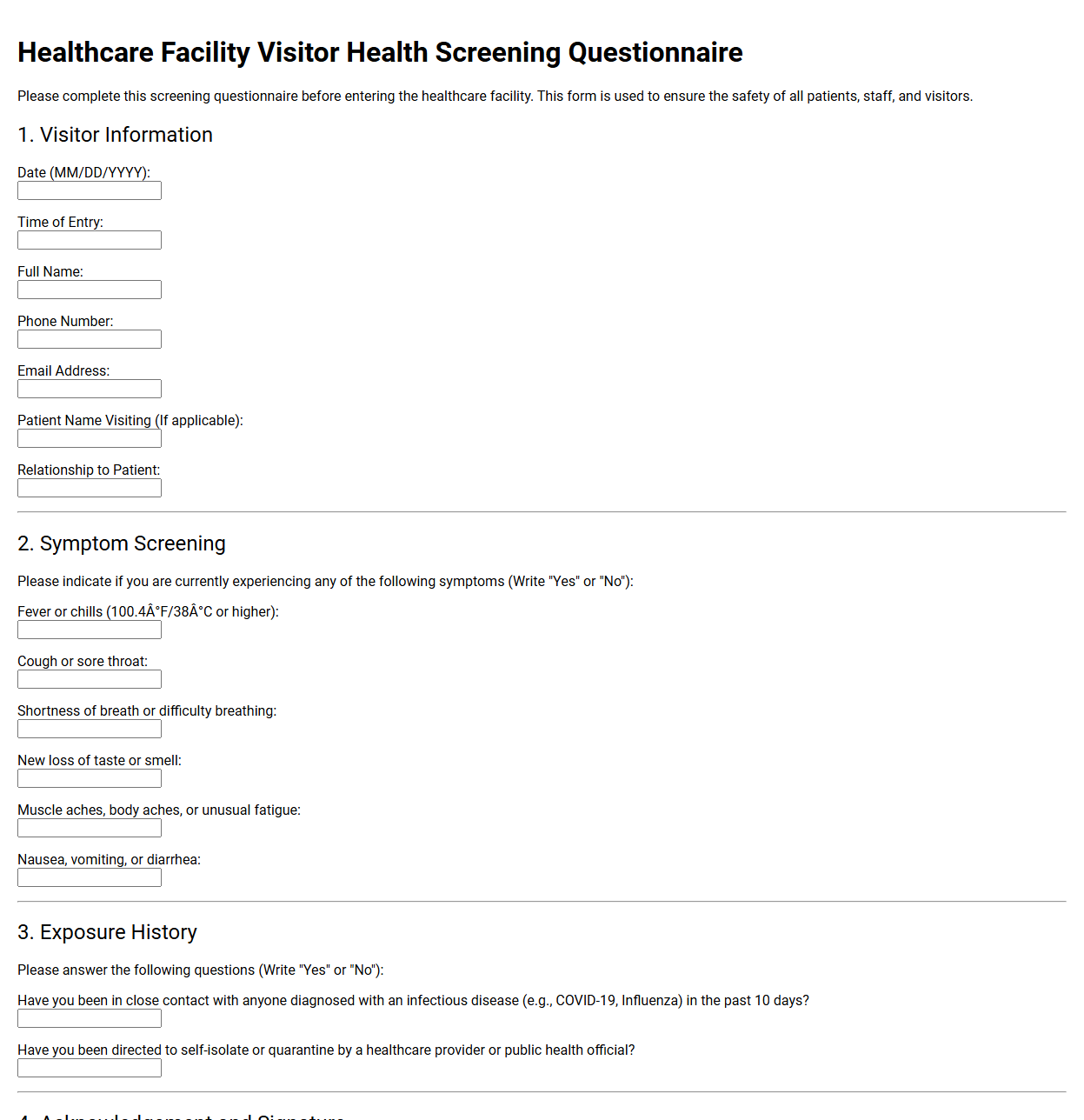 Healthcare Facility Visitor Health Screening Questionnaire