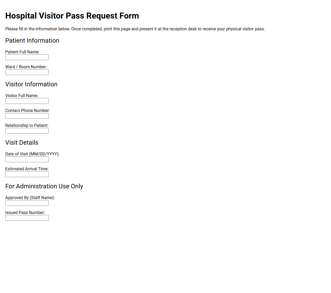 Hospital Visitor Pass Request Form