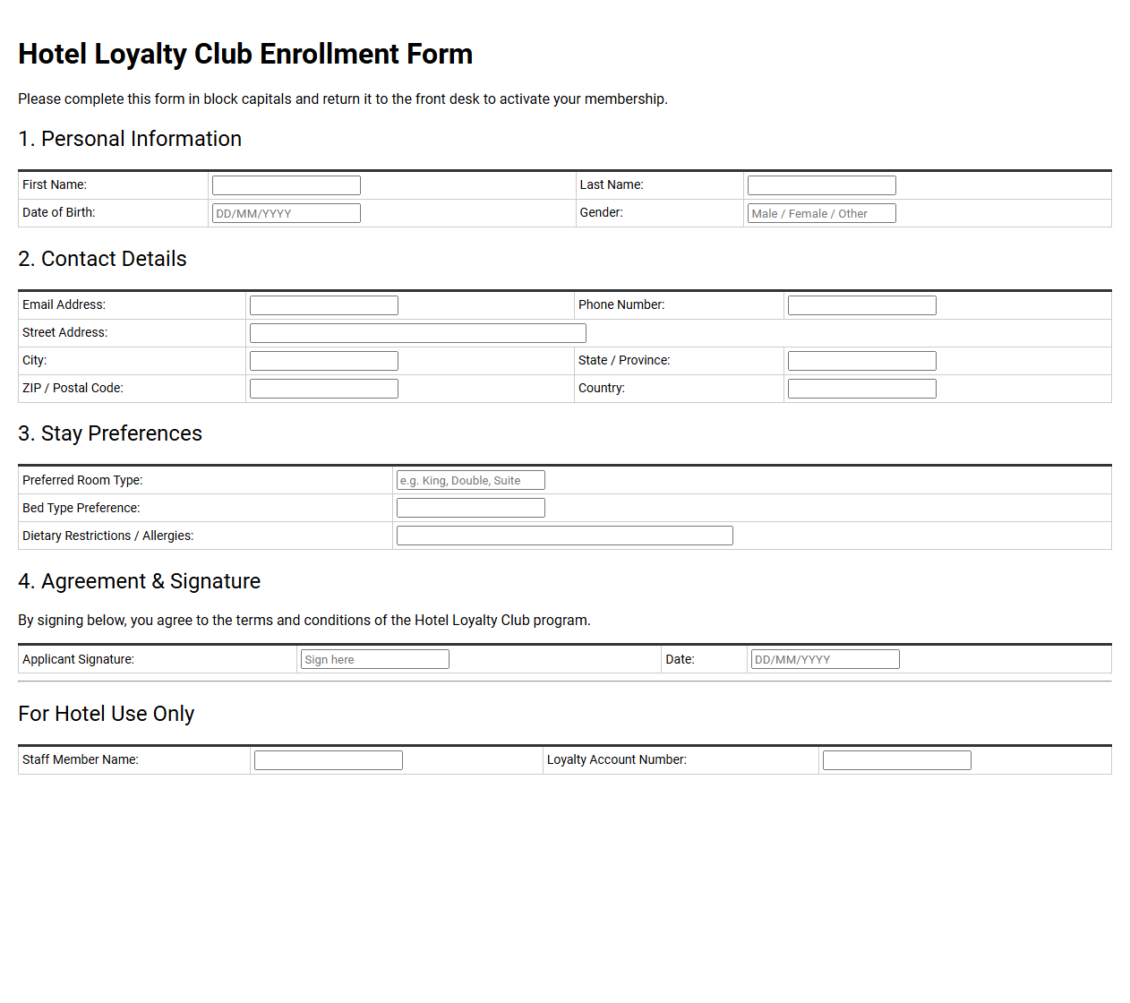 Hotel Loyalty Club Enrollment Form Template