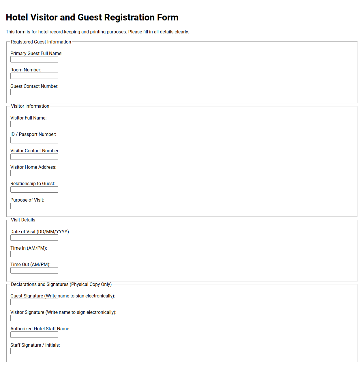 Hotel Visitor and Guest Registration Form