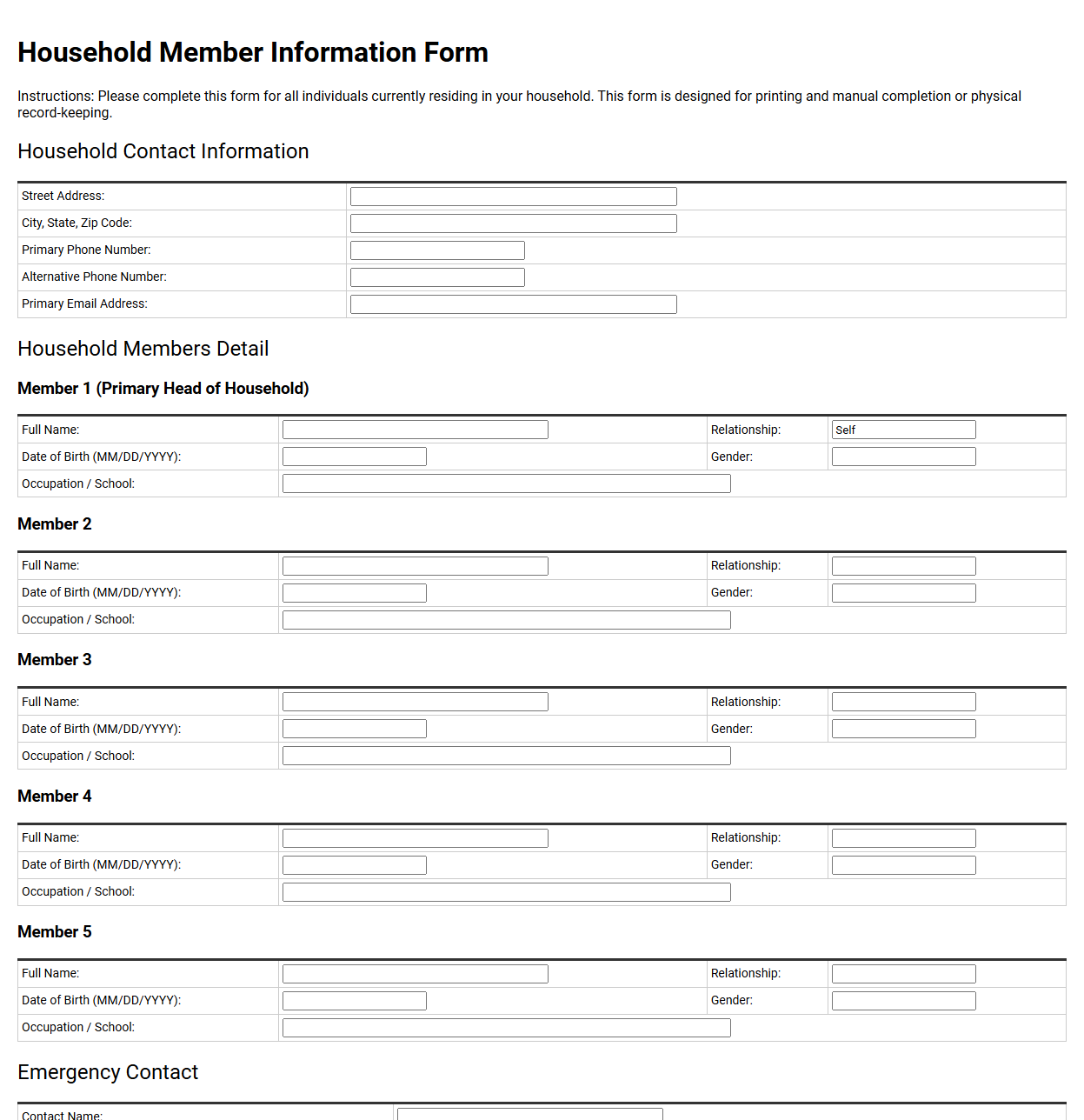 Household Member Information Form