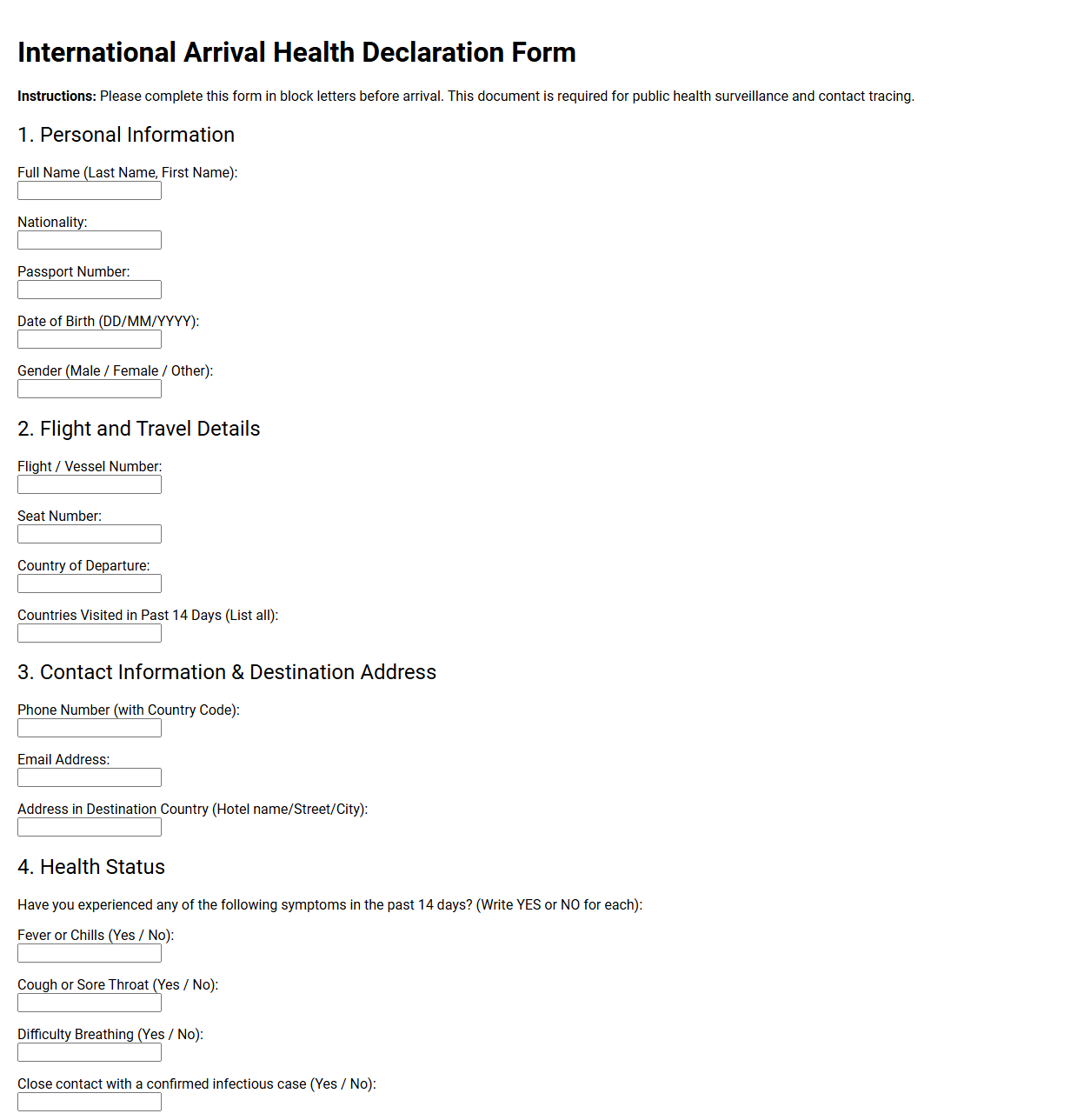 International Arrival Health Declaration Form Template