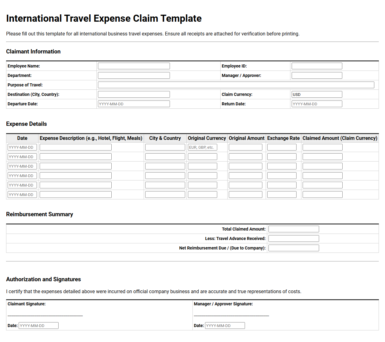 International Travel Expense Claim Template