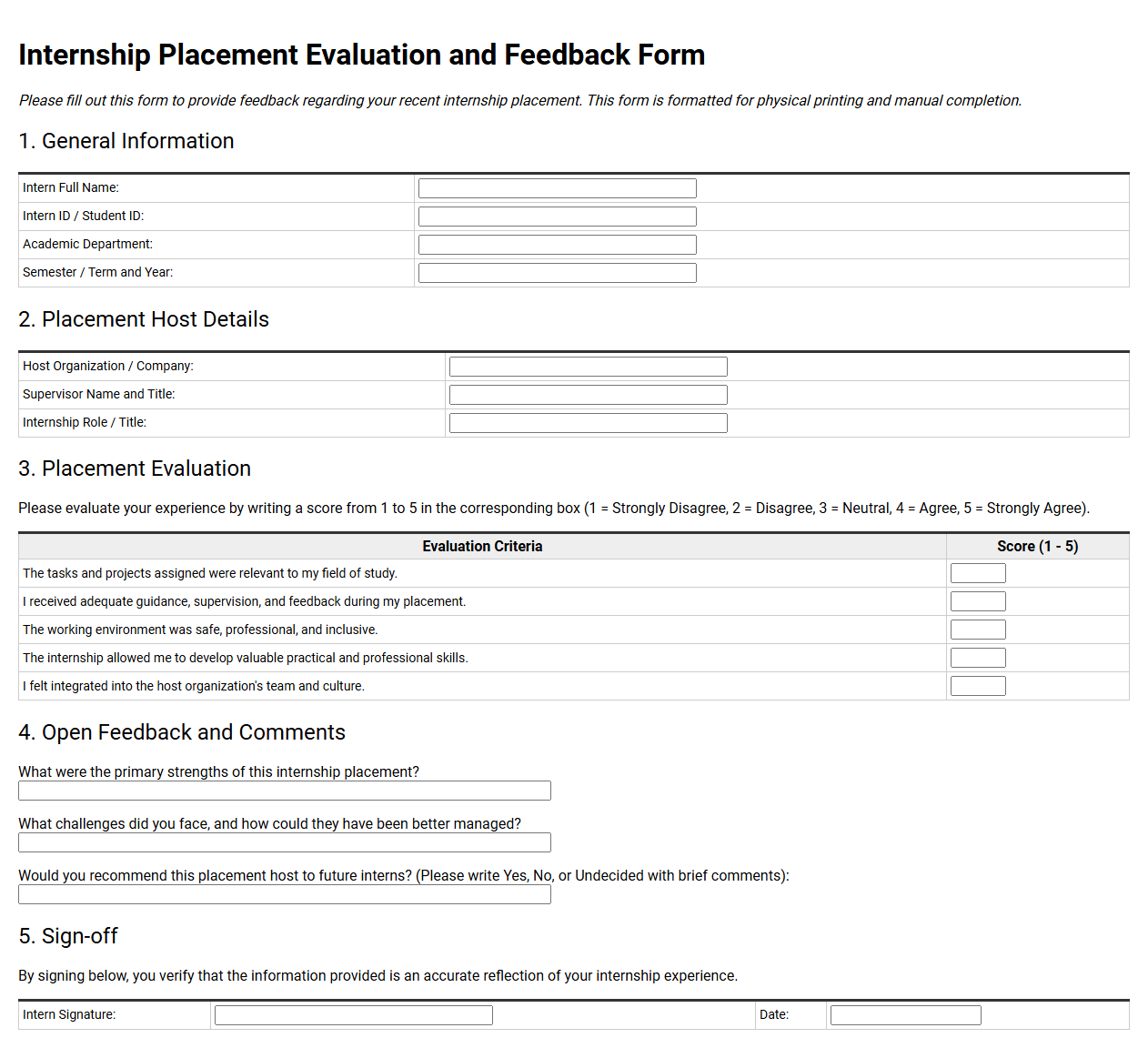 Internship Placement Evaluation and Feedback Form