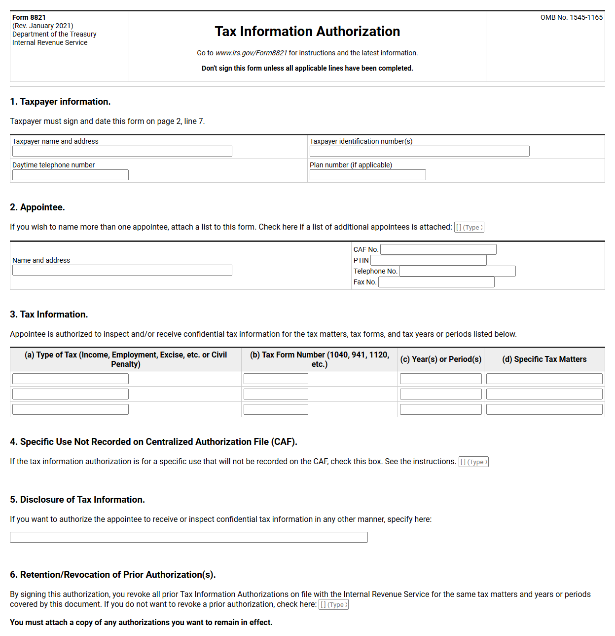 IRS Form 8821 Tax Information Authorization Template