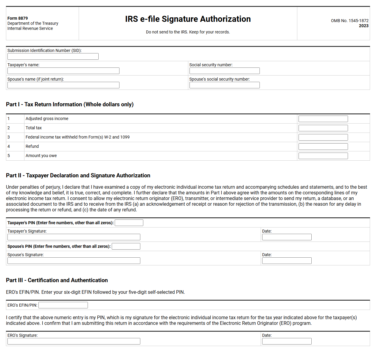 IRS Form 8879 Individual Tax E-File Authorization Template