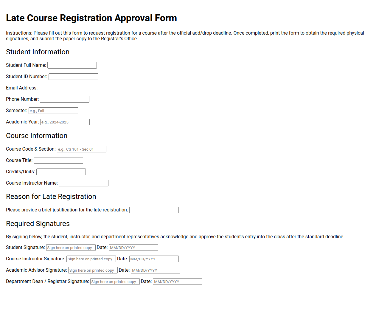 Late Course Registration Approval Form