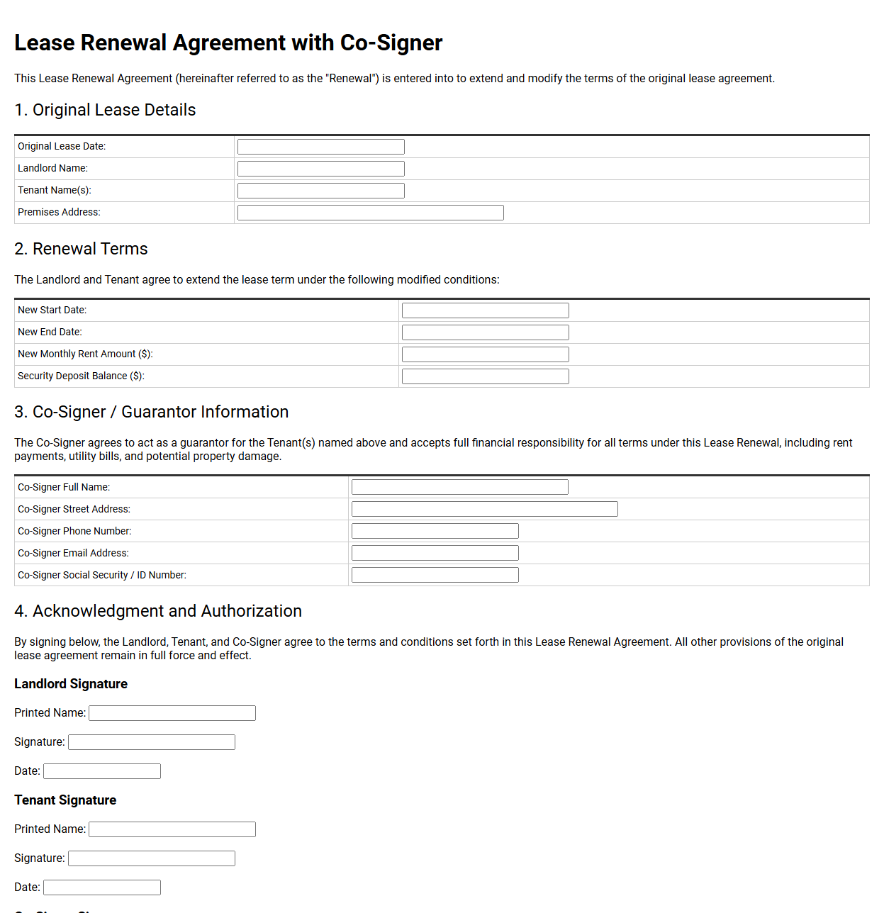 Lease Renewal Agreement with Co Signer Form