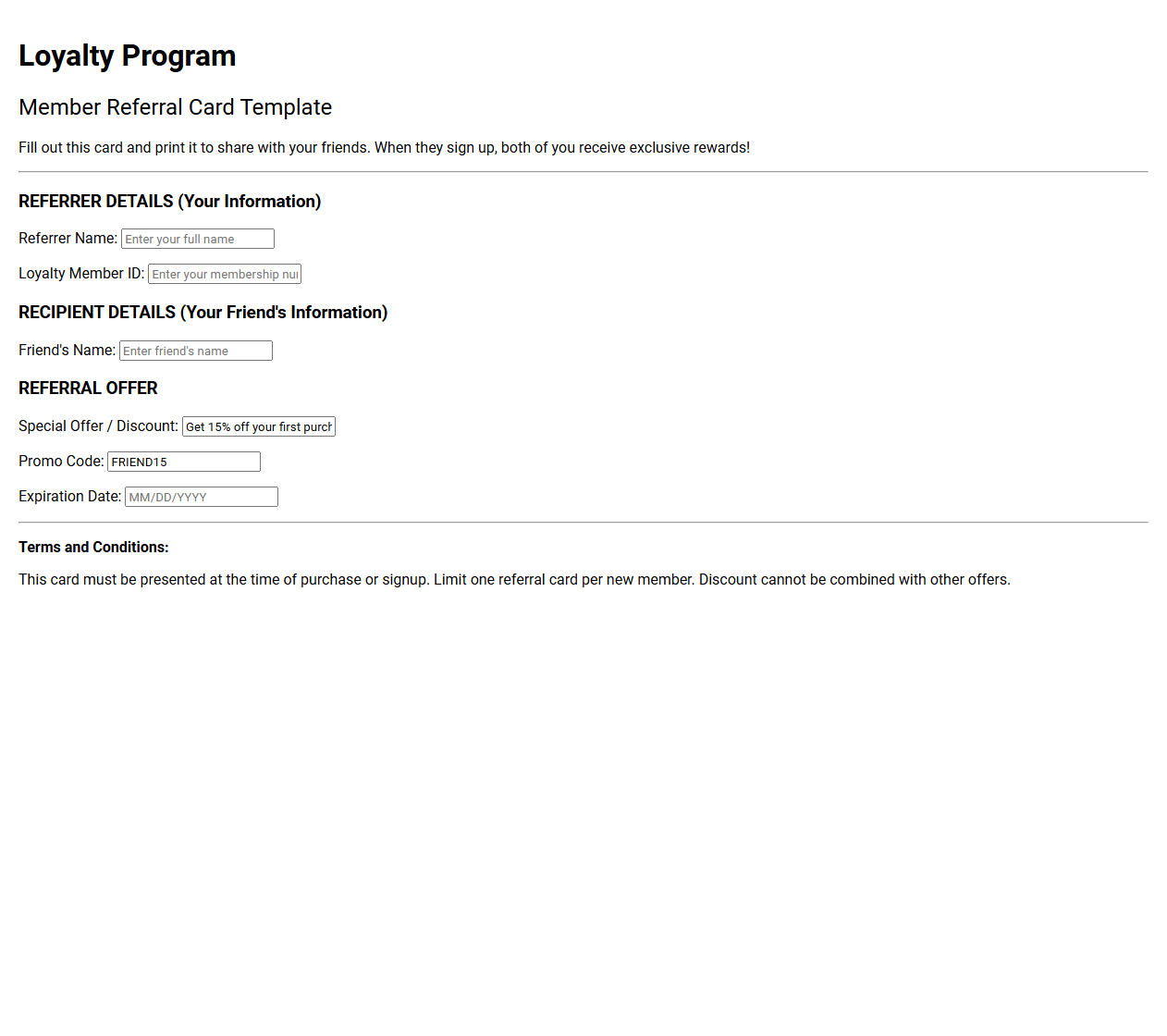Loyalty Program Member Referral Card Template