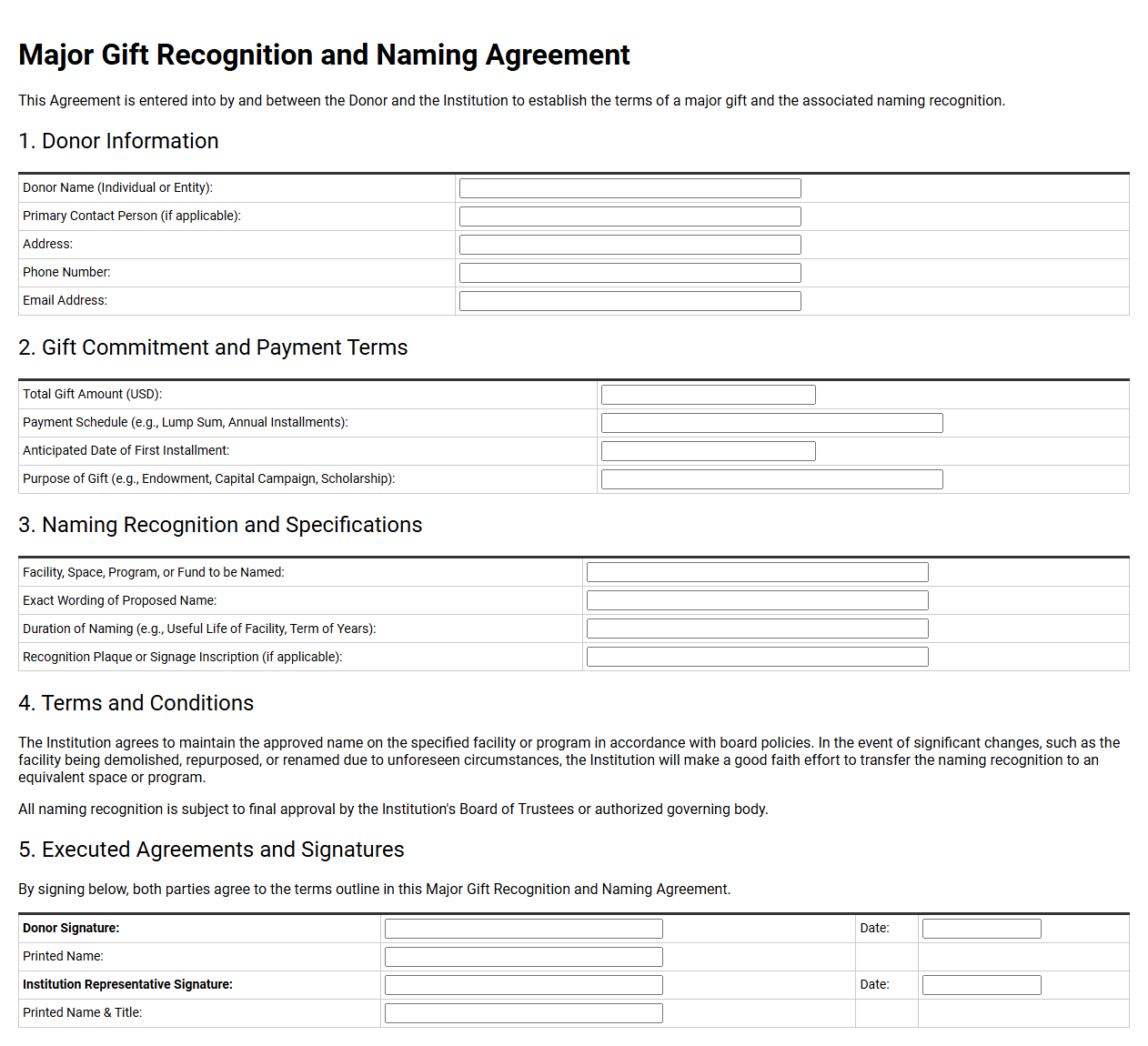 Major Gift Recognition and Naming Agreement