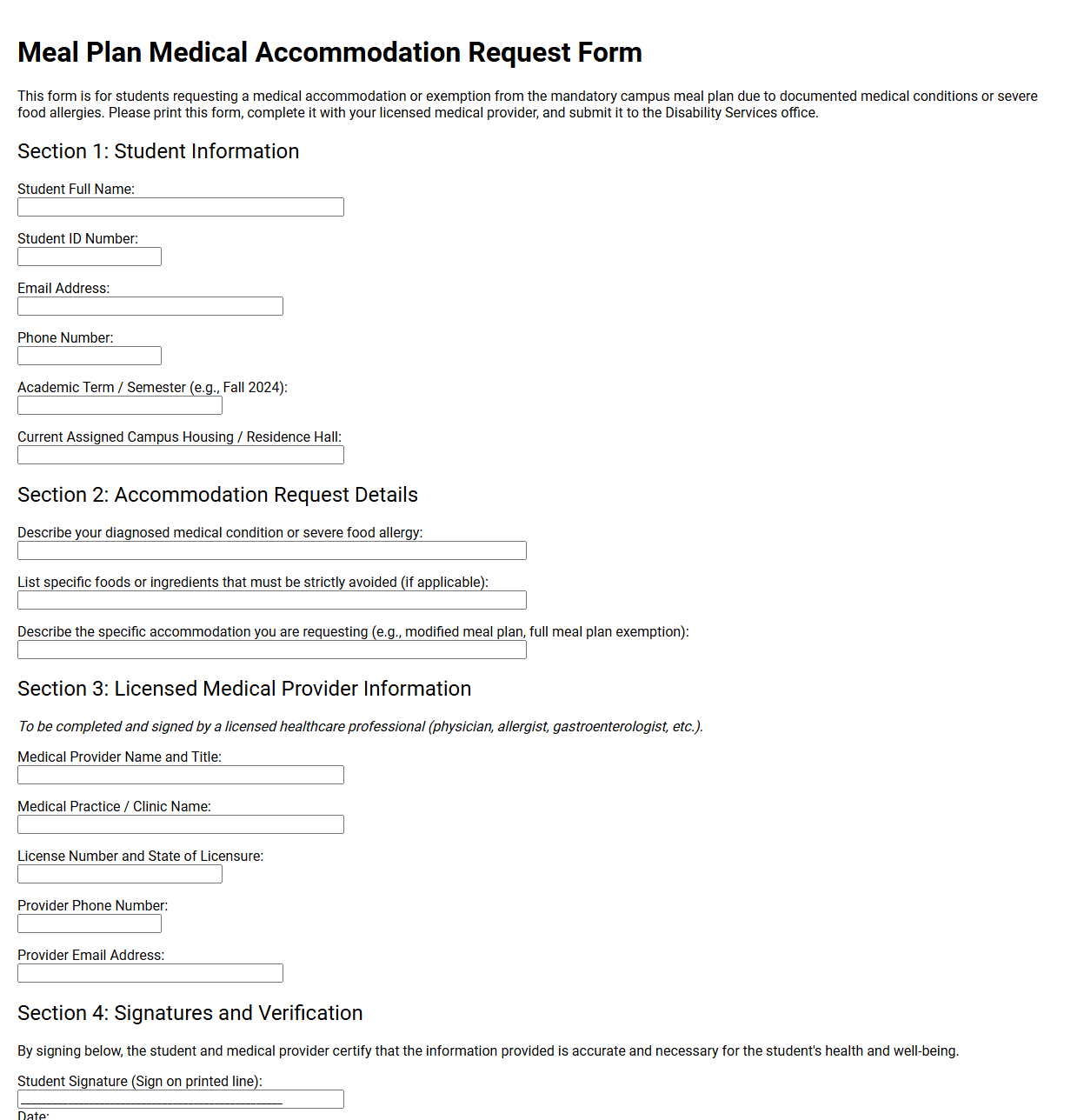 Meal Plan Medical Accommodation Request Form